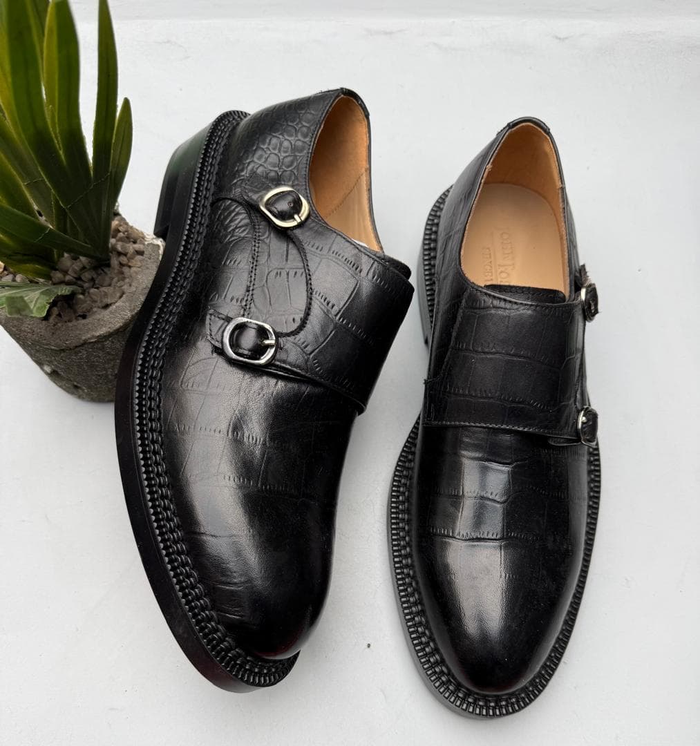 Black Croco Double Monk Strap