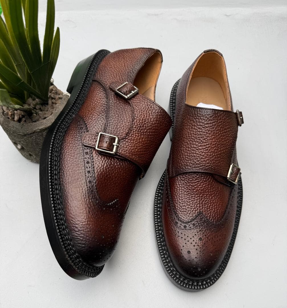 Mahogany Pebbled Wingtip Double Monk