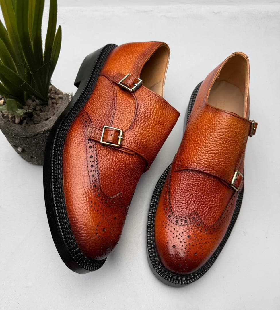 Cognac Pebbled Wingtip Double Monk